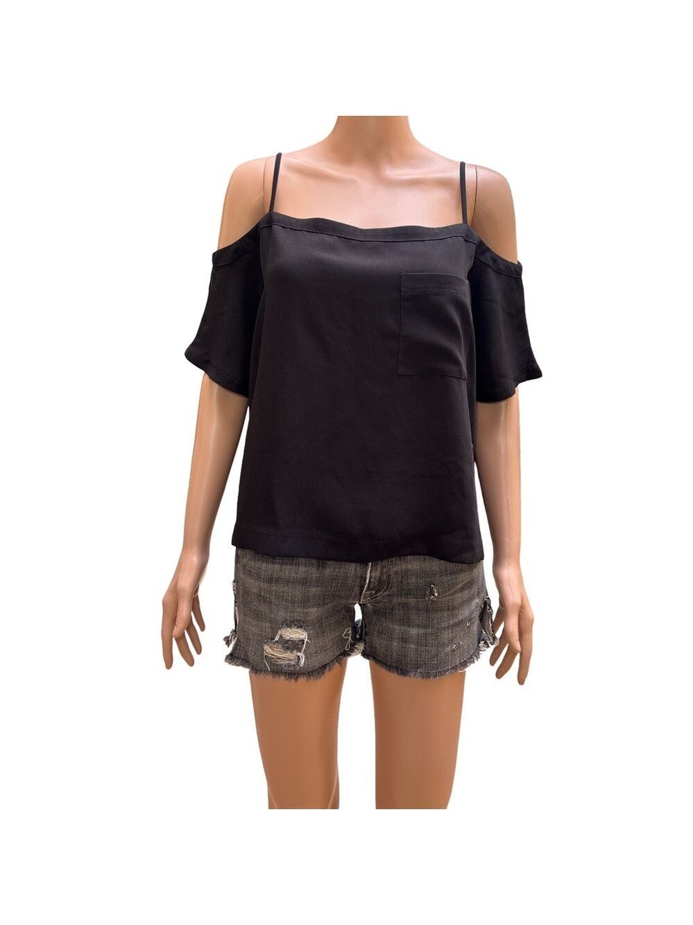 Olivia Grey Elegant Black Piper Cold Shoulder Top with strap Large
